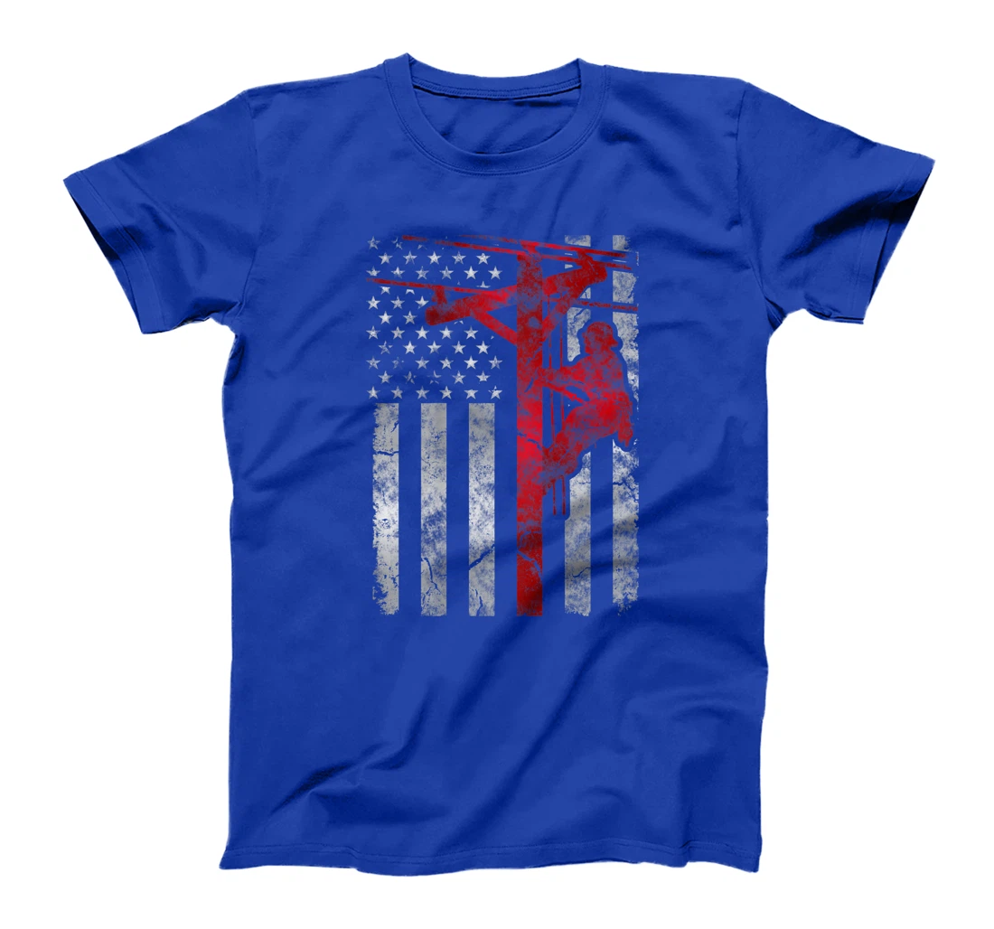 Distressed Patriotic Electric Cable Lineman American Flag T-Shirt