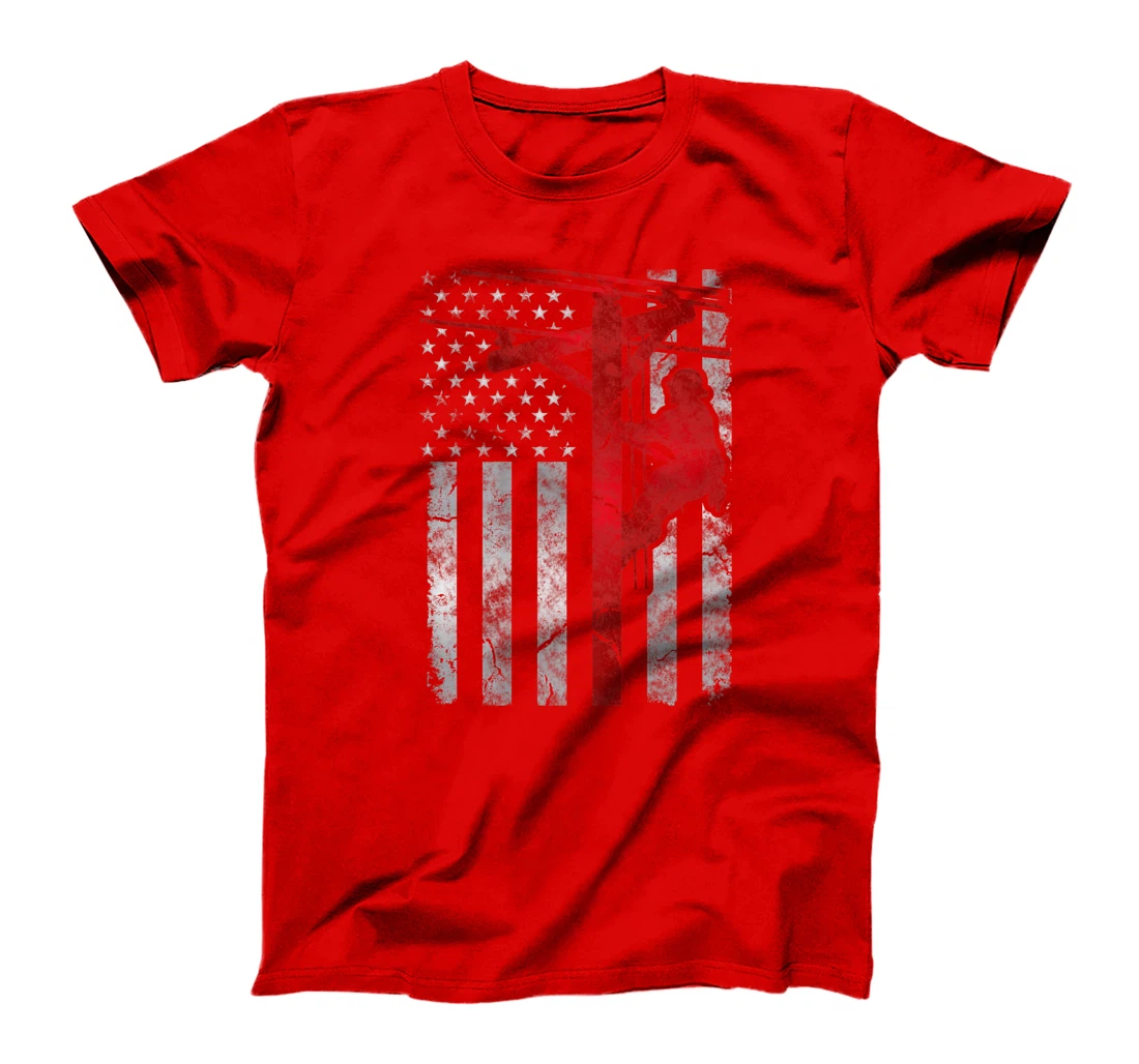 Distressed Patriotic Electric Cable Lineman American Flag T-Shirt