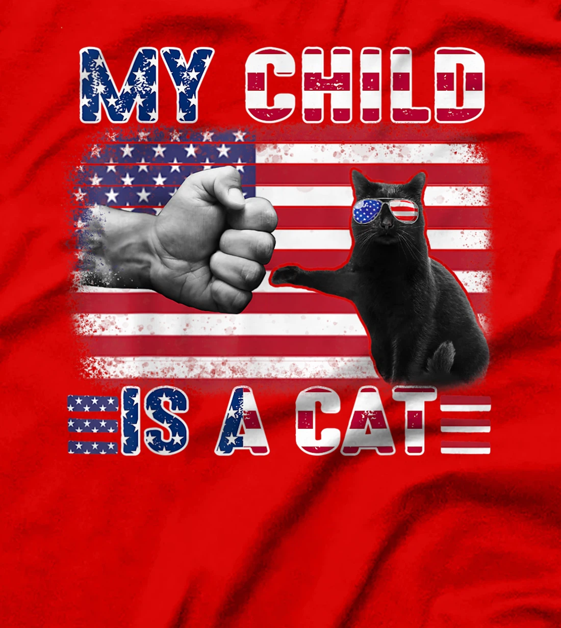 Funny Cat Wear American Flag Glasses Touching Hand Apparel T-Shirt