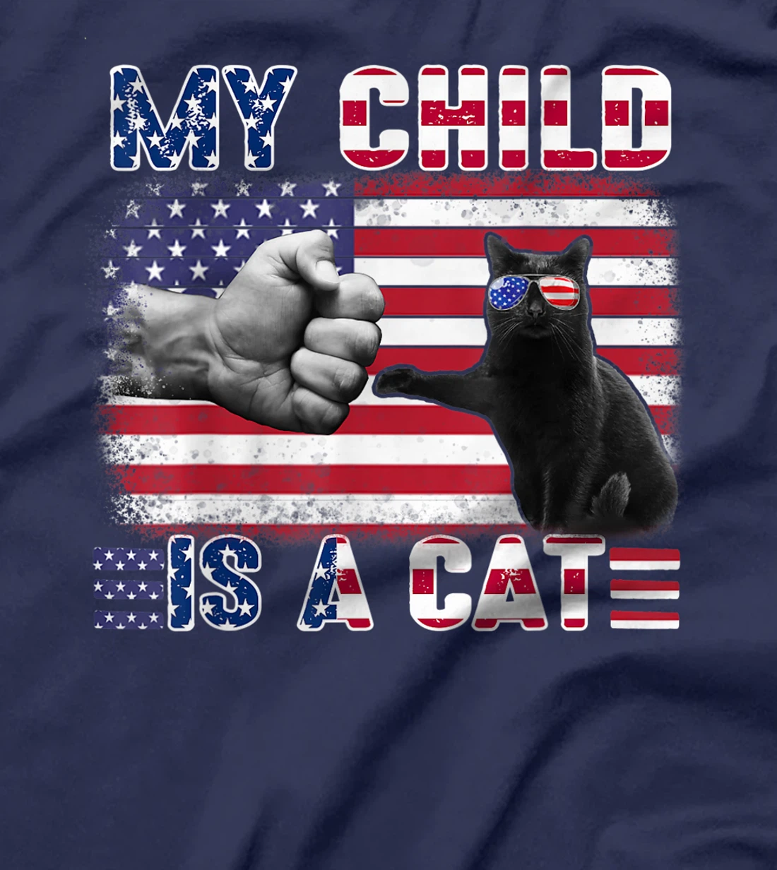 Funny Cat Wear American Flag Glasses Touching Hand Apparel T-Shirt