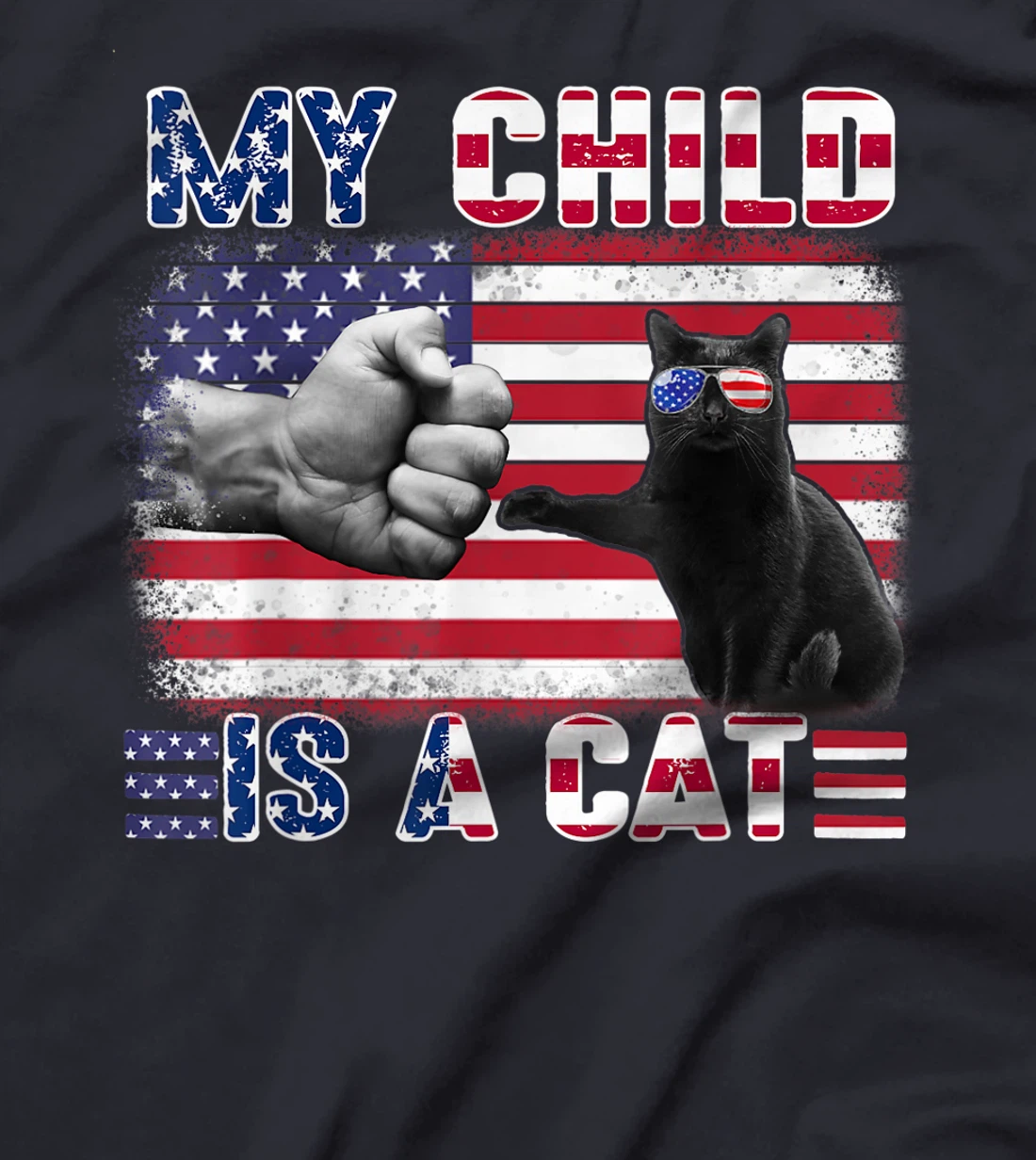 Funny Cat Wear American Flag Glasses Touching Hand Apparel T-Shirt
