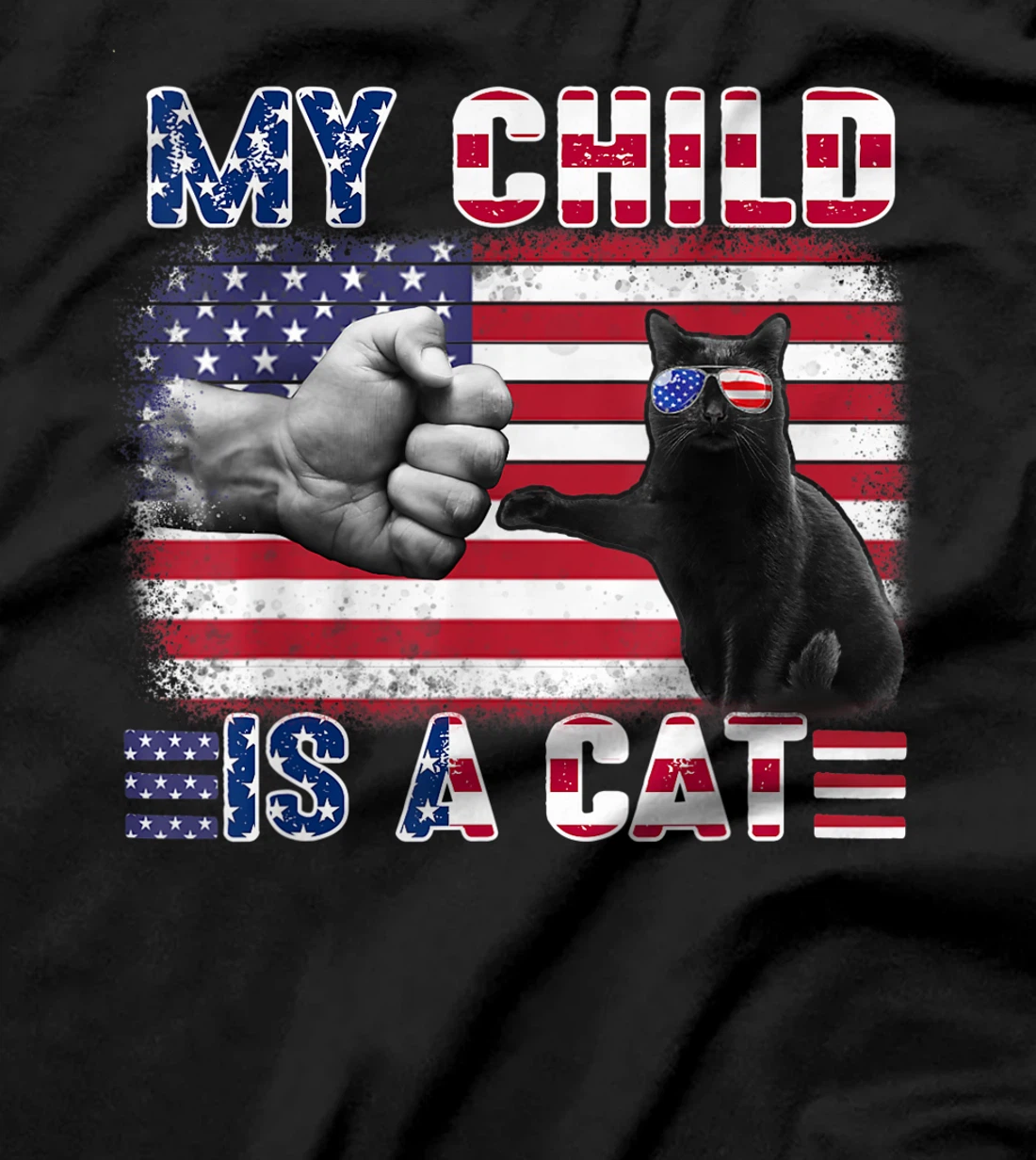 Funny Cat Wear American Flag Glasses Touching Hand Apparel T-Shirt
