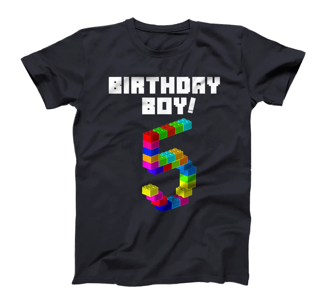 Cute 5th Birthday Gift 5 Years Old Block Building Boys Kids T-Shirt