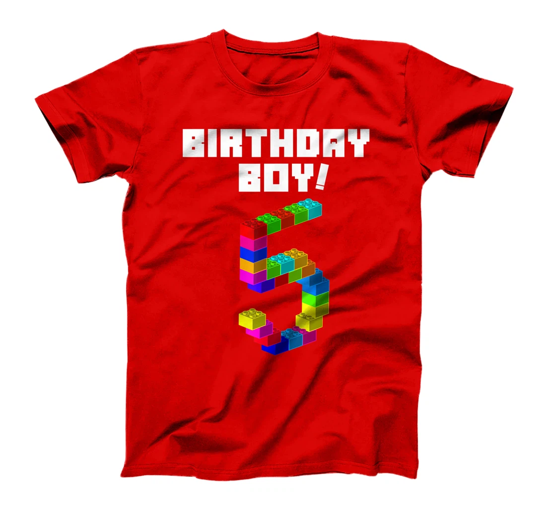 Cute 5th Birthday Gift 5 Years Old Block Building Boys Kids T-Shirt