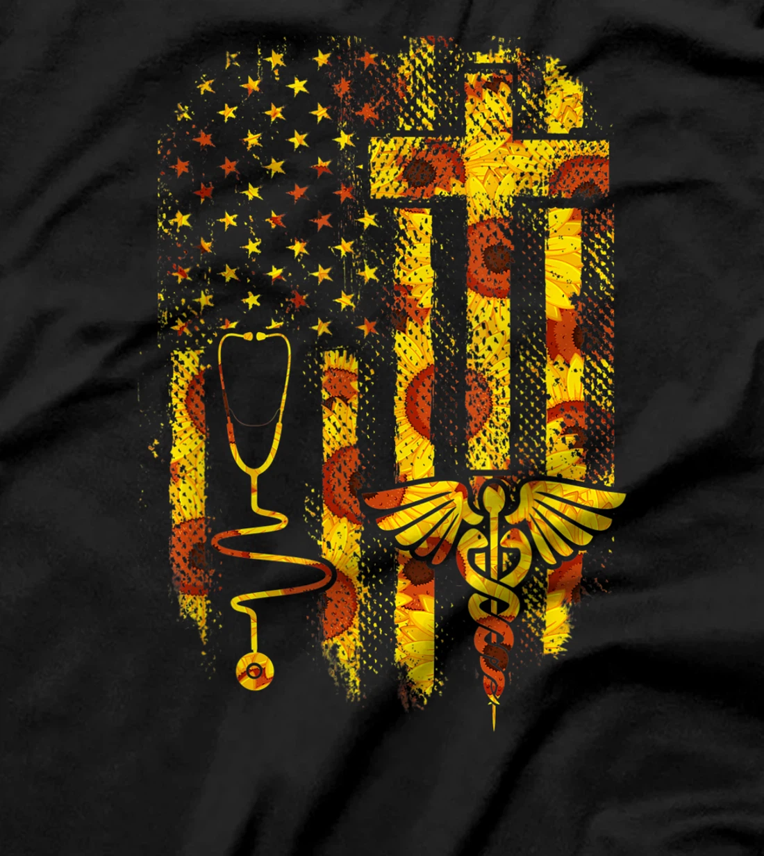 Sunflower American Flag Nurse Stethoscope Healthcare Gift T-Shirt