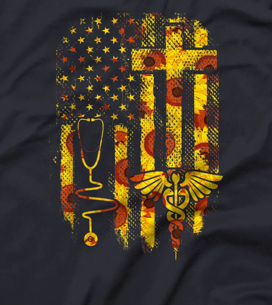 Sunflower American Flag Nurse Stethoscope Healthcare Gift T-Shirt