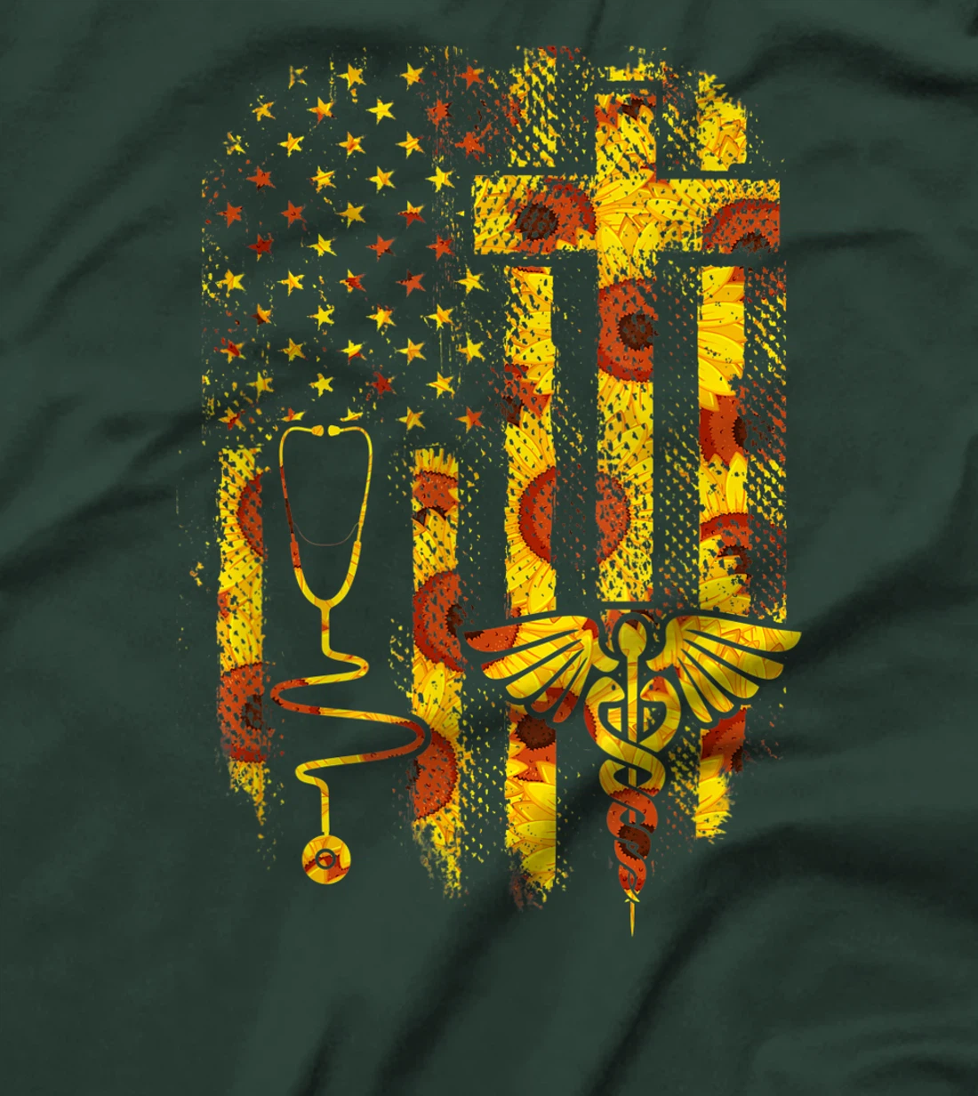 Sunflower American Flag Nurse Stethoscope Healthcare Gift T-Shirt