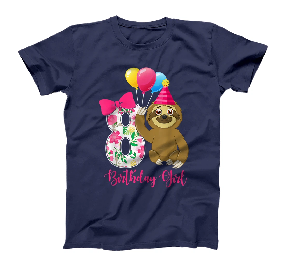 Birthday - Cute 8 Years Old Birthday Sloth Girl T-Shirt
