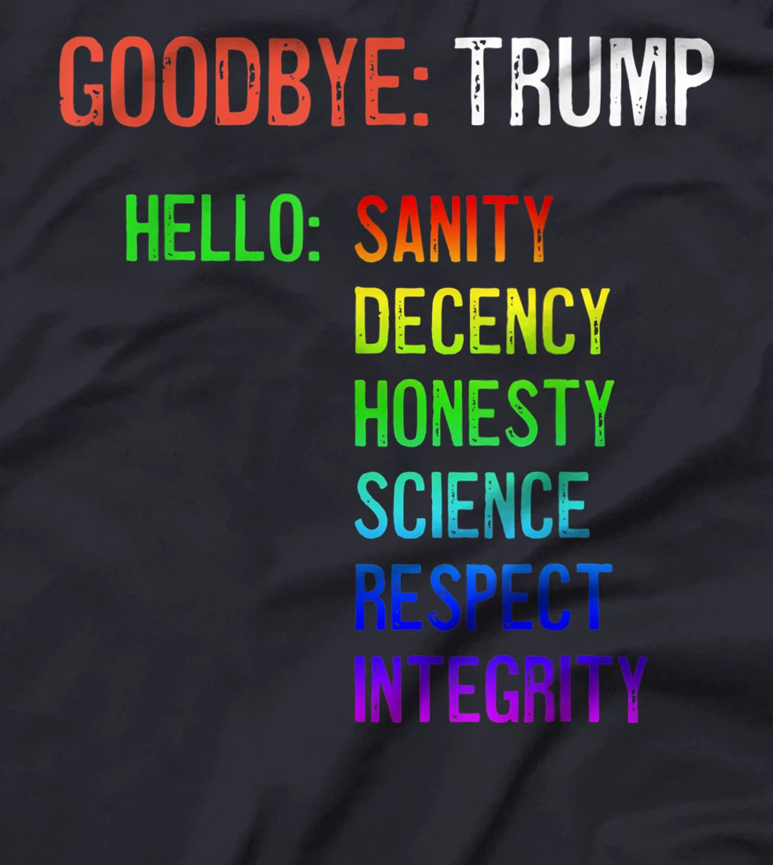 Goodbye Trump Hello Sanity Honesty Decency Science Integrity T-Shirt