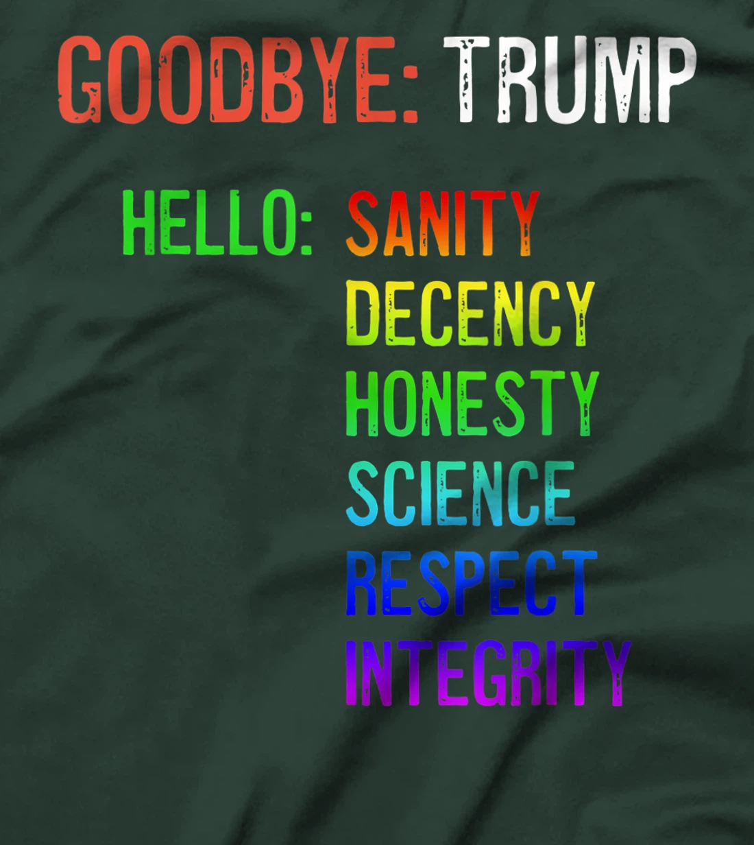 Goodbye Trump Hello Sanity Honesty Decency Science Integrity T-Shirt