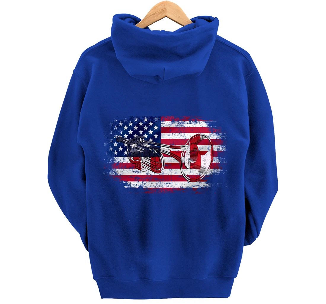 Vintage Trumpet With American Flag Orchestra Gift Pullover Hoodie