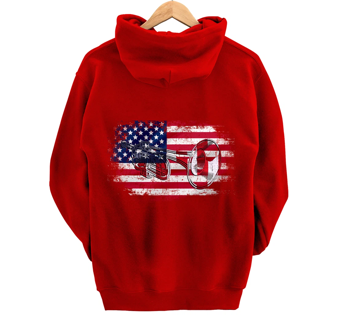 Vintage Trumpet With American Flag Orchestra Gift Pullover Hoodie