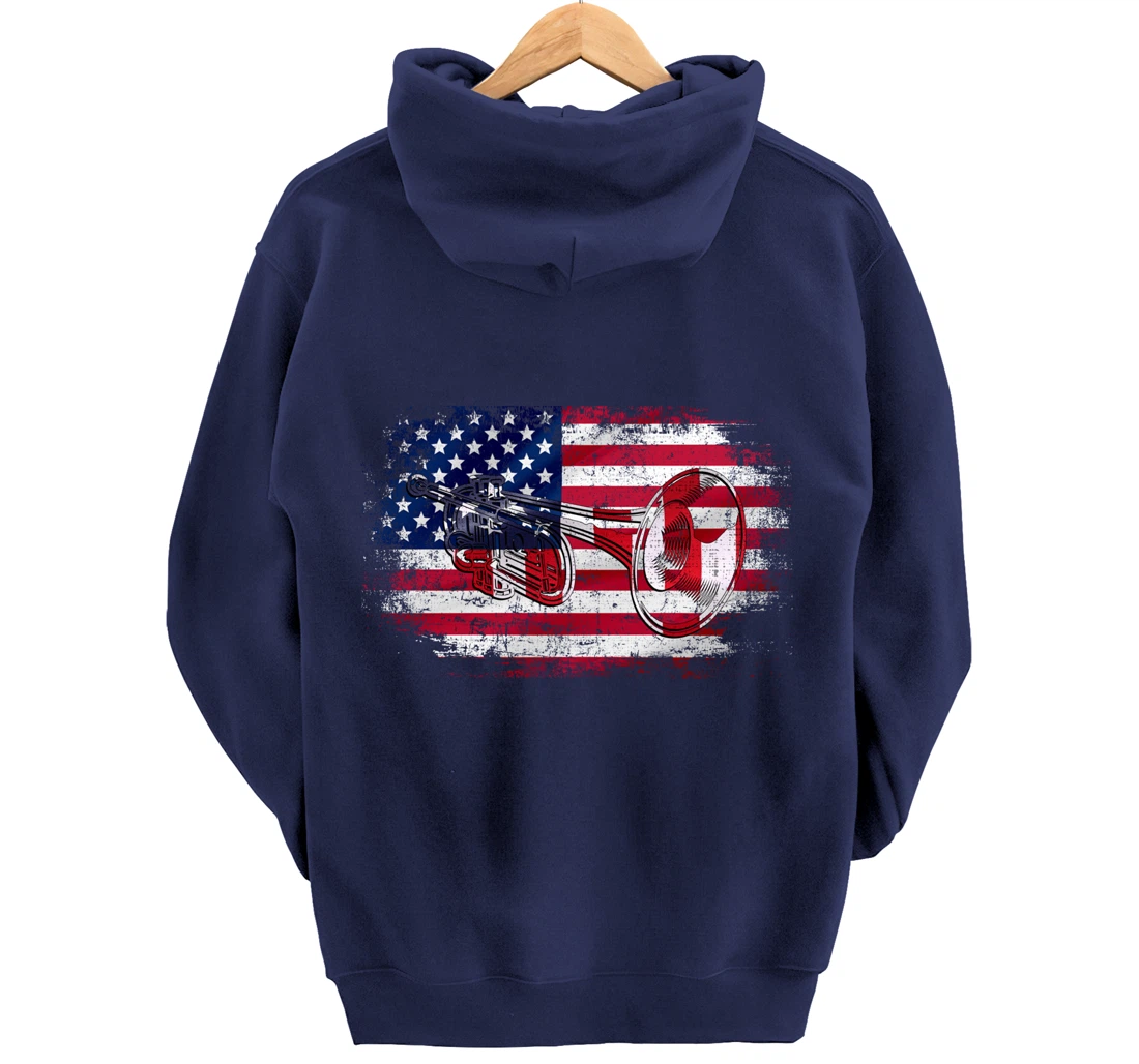 Vintage Trumpet With American Flag Orchestra Gift Pullover Hoodie
