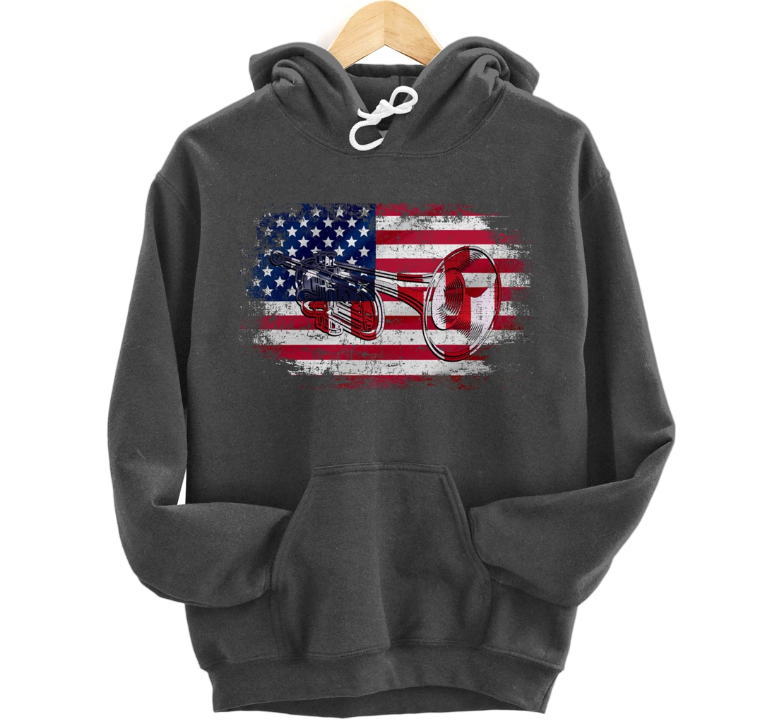 Vintage Trumpet With American Flag Orchestra Gift Pullover Hoodie