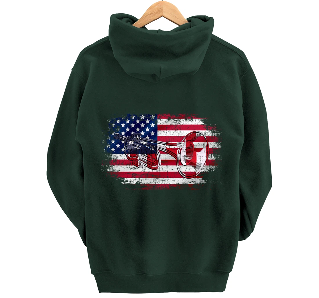 Vintage Trumpet With American Flag Orchestra Gift Pullover Hoodie
