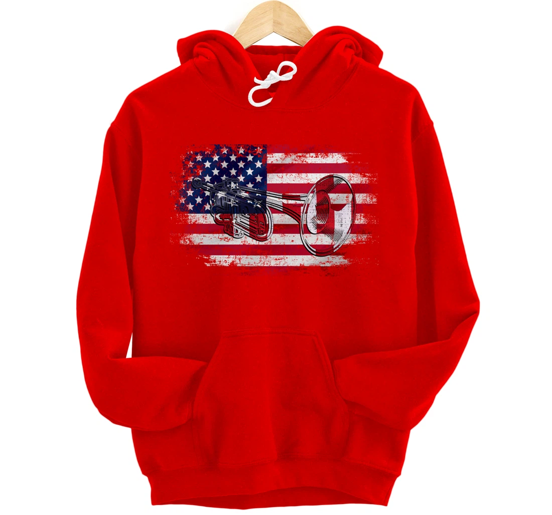 Vintage Trumpet With American Flag Orchestra Gift Pullover Hoodie