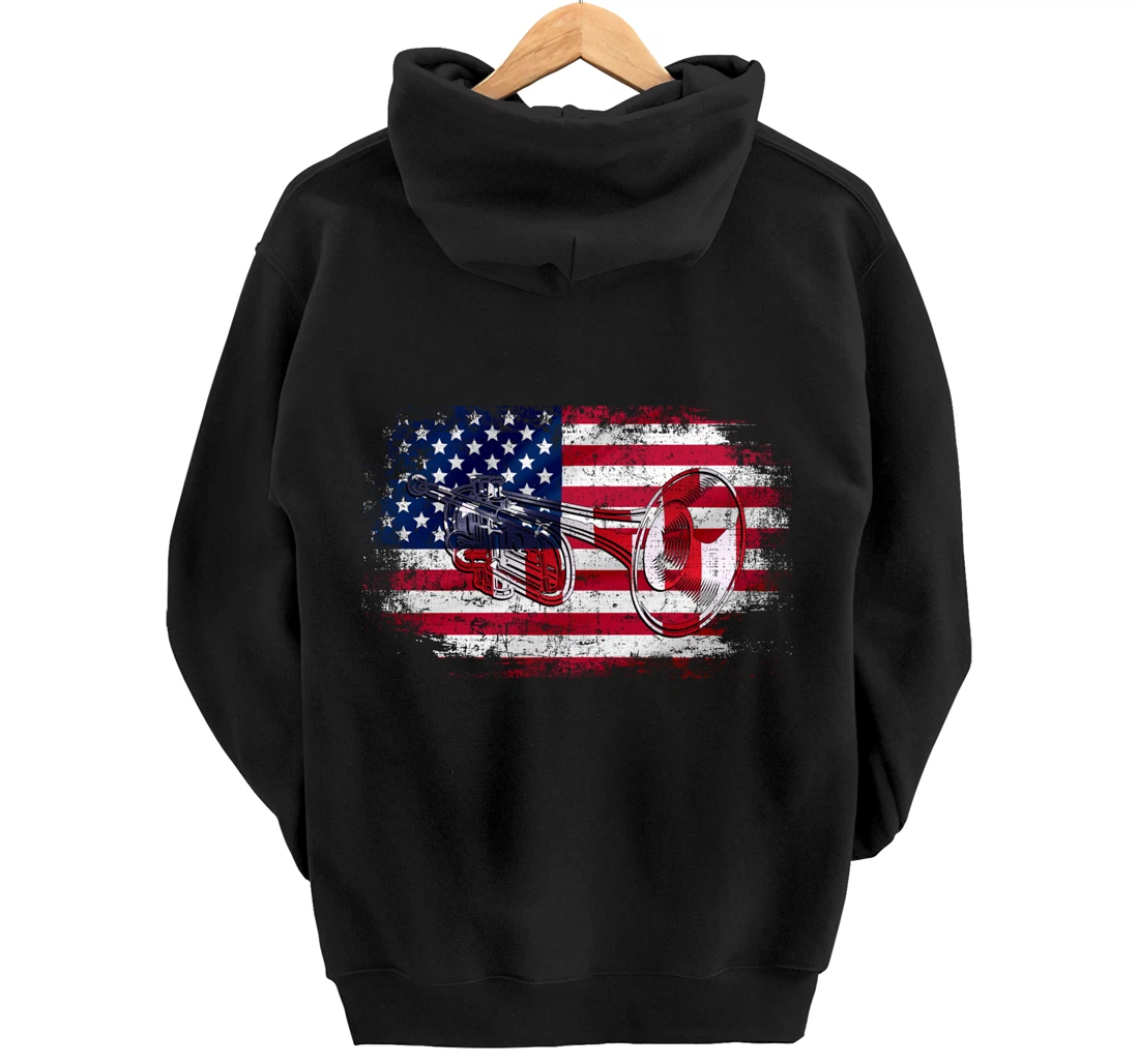 Vintage Trumpet With American Flag Orchestra Gift Pullover Hoodie