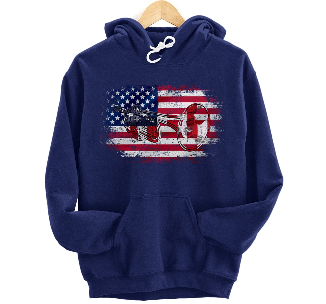 Vintage Trumpet With American Flag Orchestra Gift Pullover Hoodie