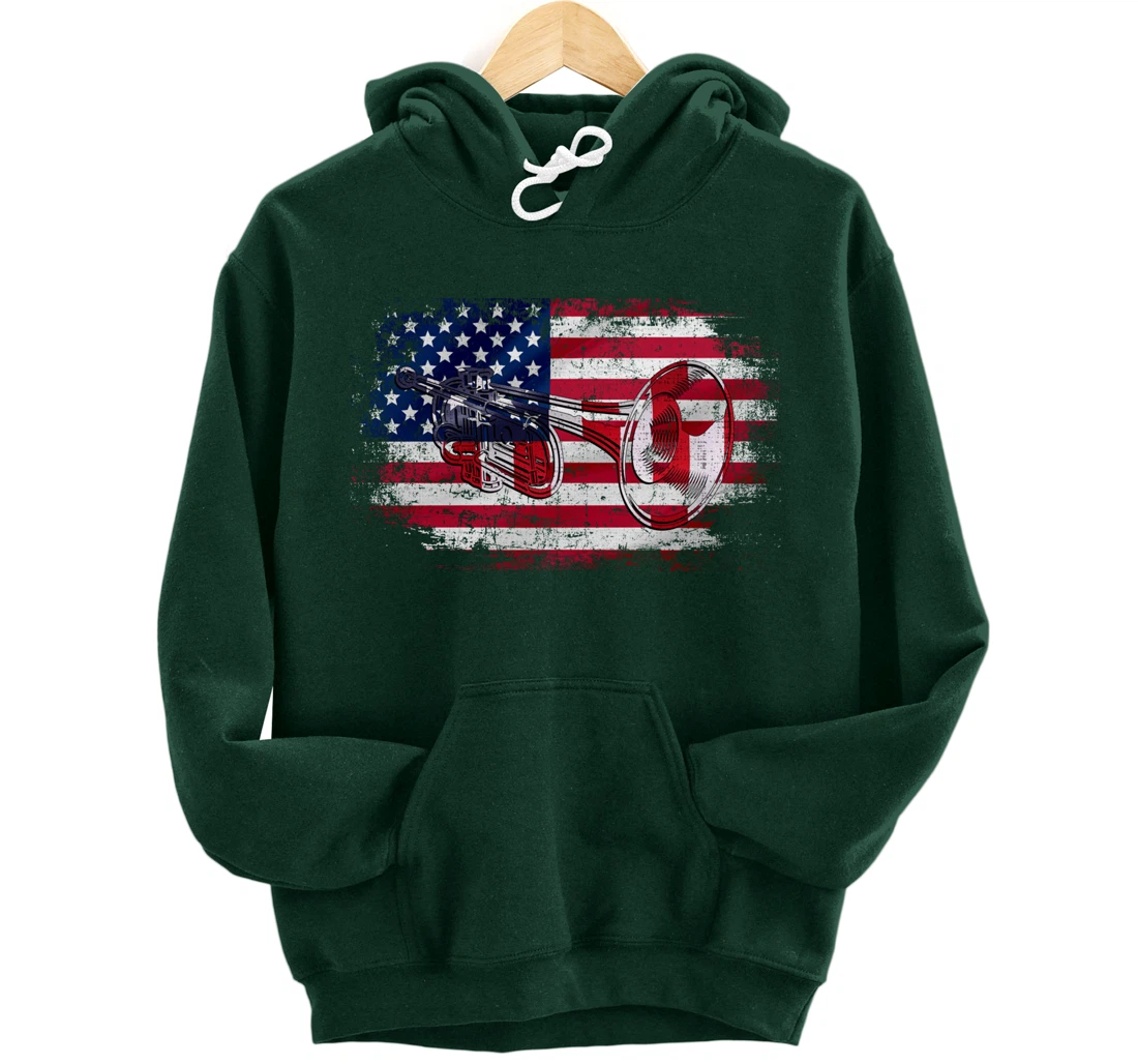 Vintage Trumpet With American Flag Orchestra Gift Pullover Hoodie