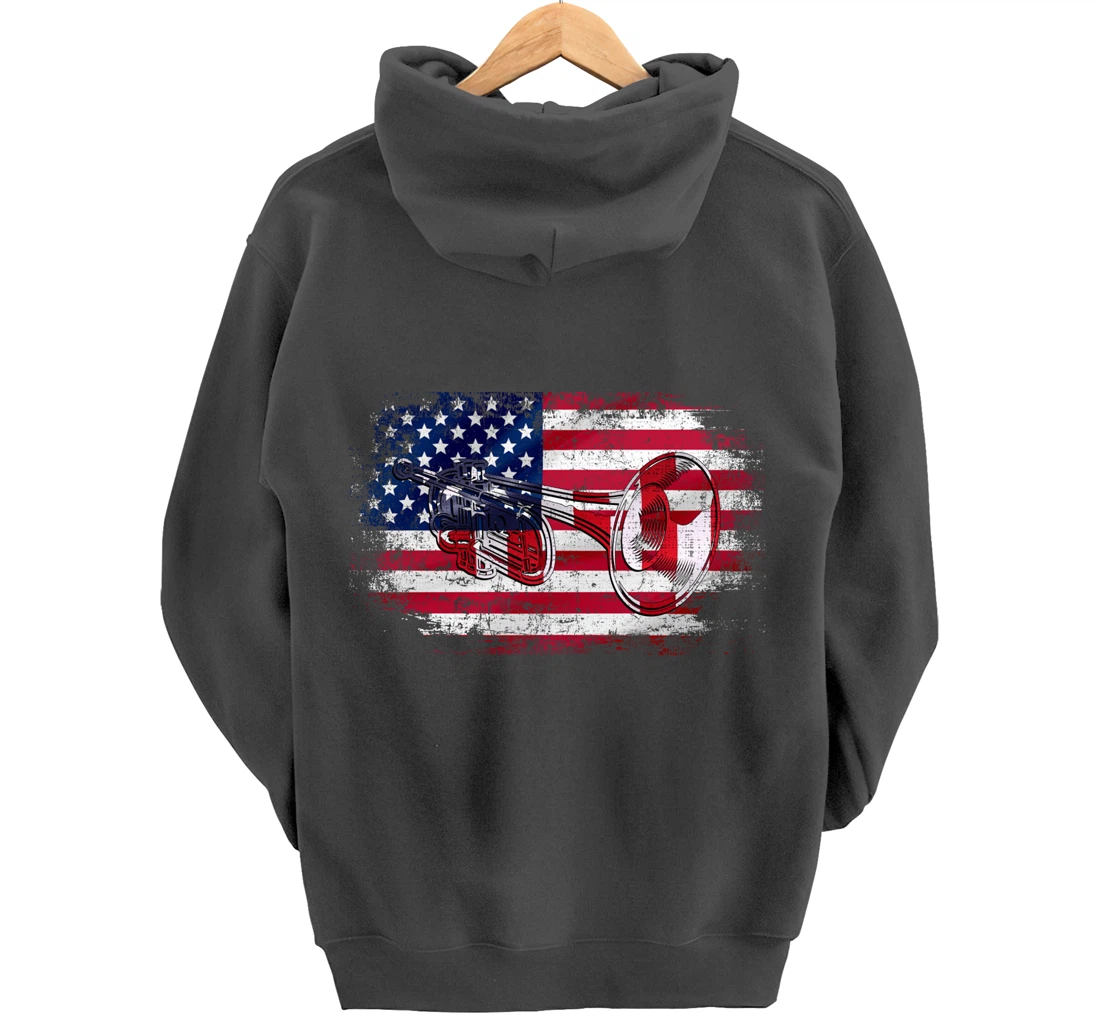 Vintage Trumpet With American Flag Orchestra Gift Pullover Hoodie