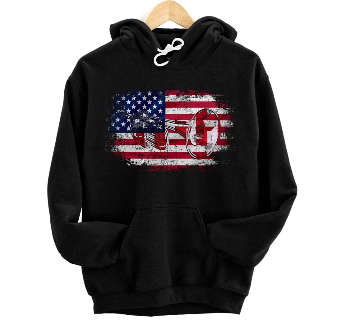 Vintage Trumpet With American Flag Orchestra Gift Pullover Hoodie