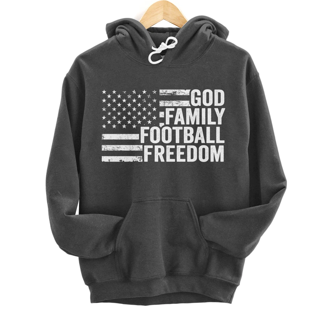 God Family Football Freedom - Funny Player Coach USA Flag Pullover Hoodie