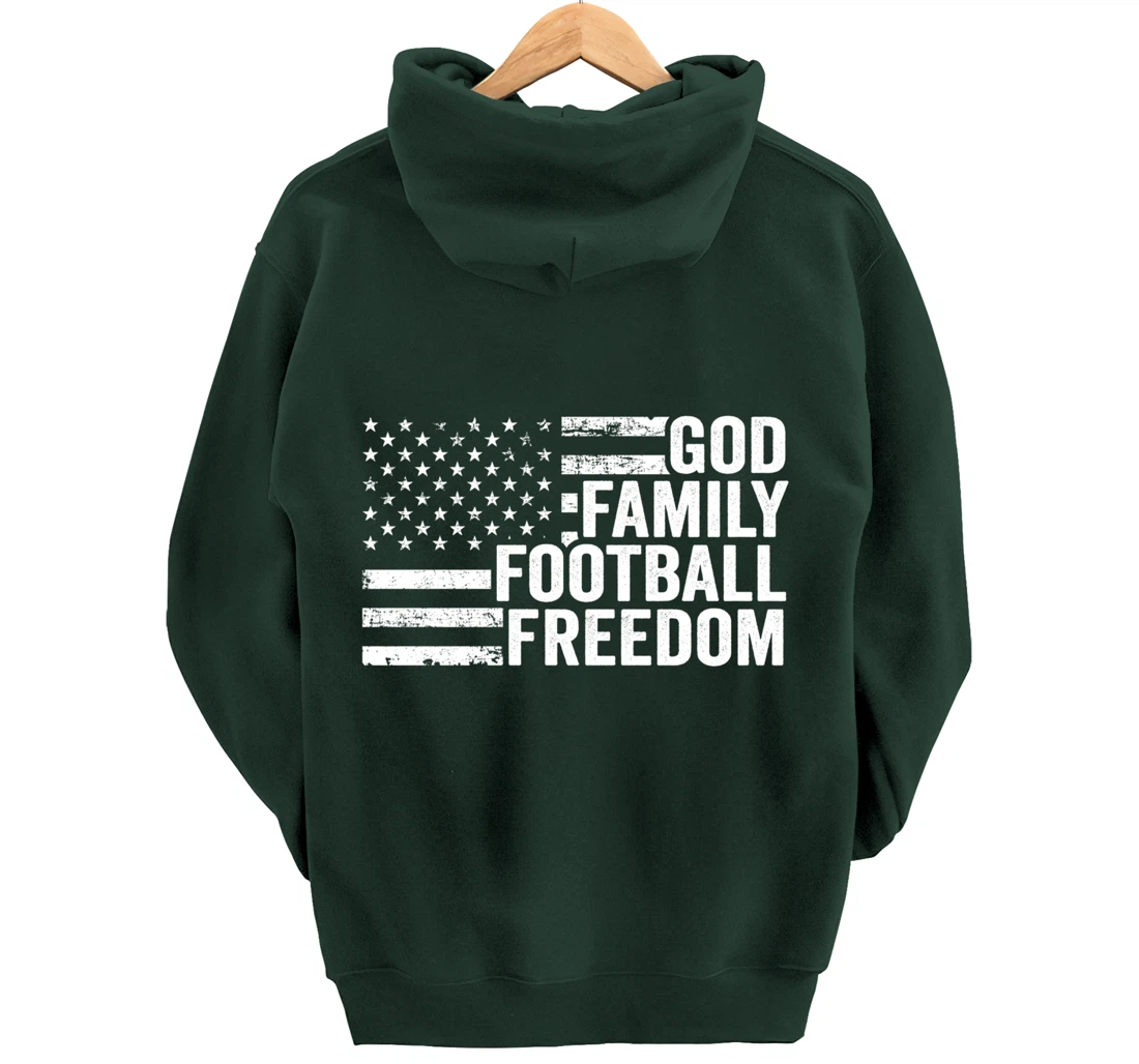 God Family Football Freedom - Funny Player Coach USA Flag Pullover Hoodie