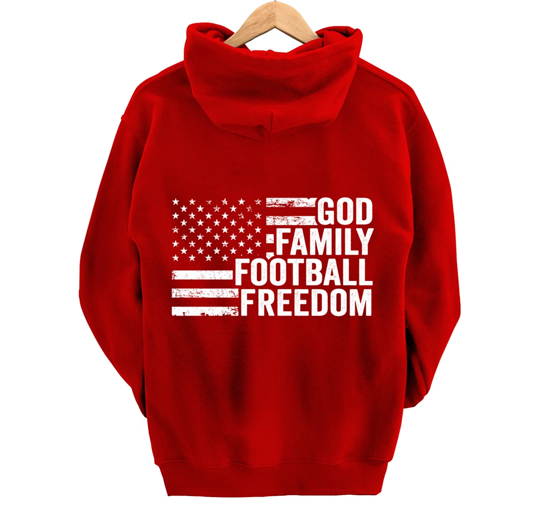 God Family Football Freedom - Funny Player Coach USA Flag Pullover Hoodie