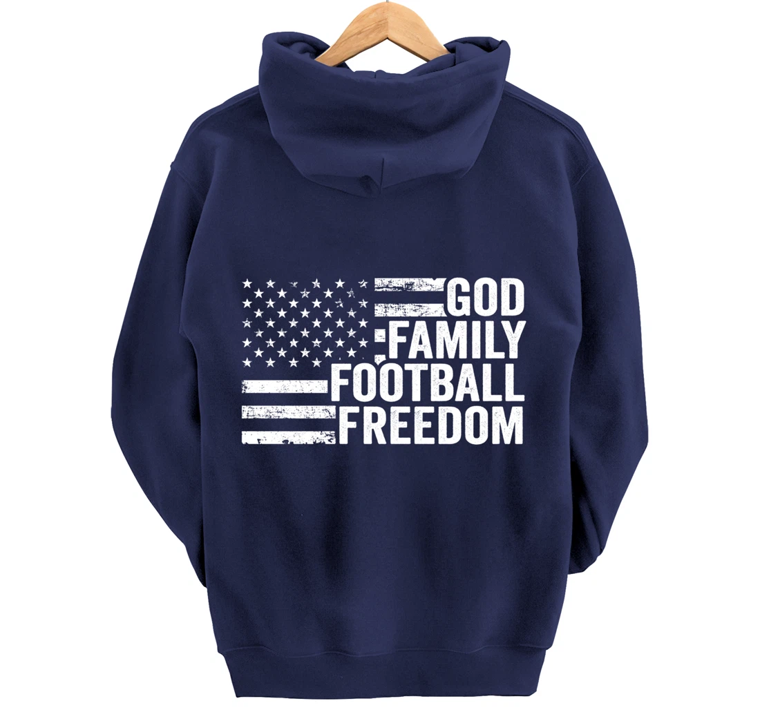 God Family Football Freedom - Funny Player Coach USA Flag Pullover Hoodie