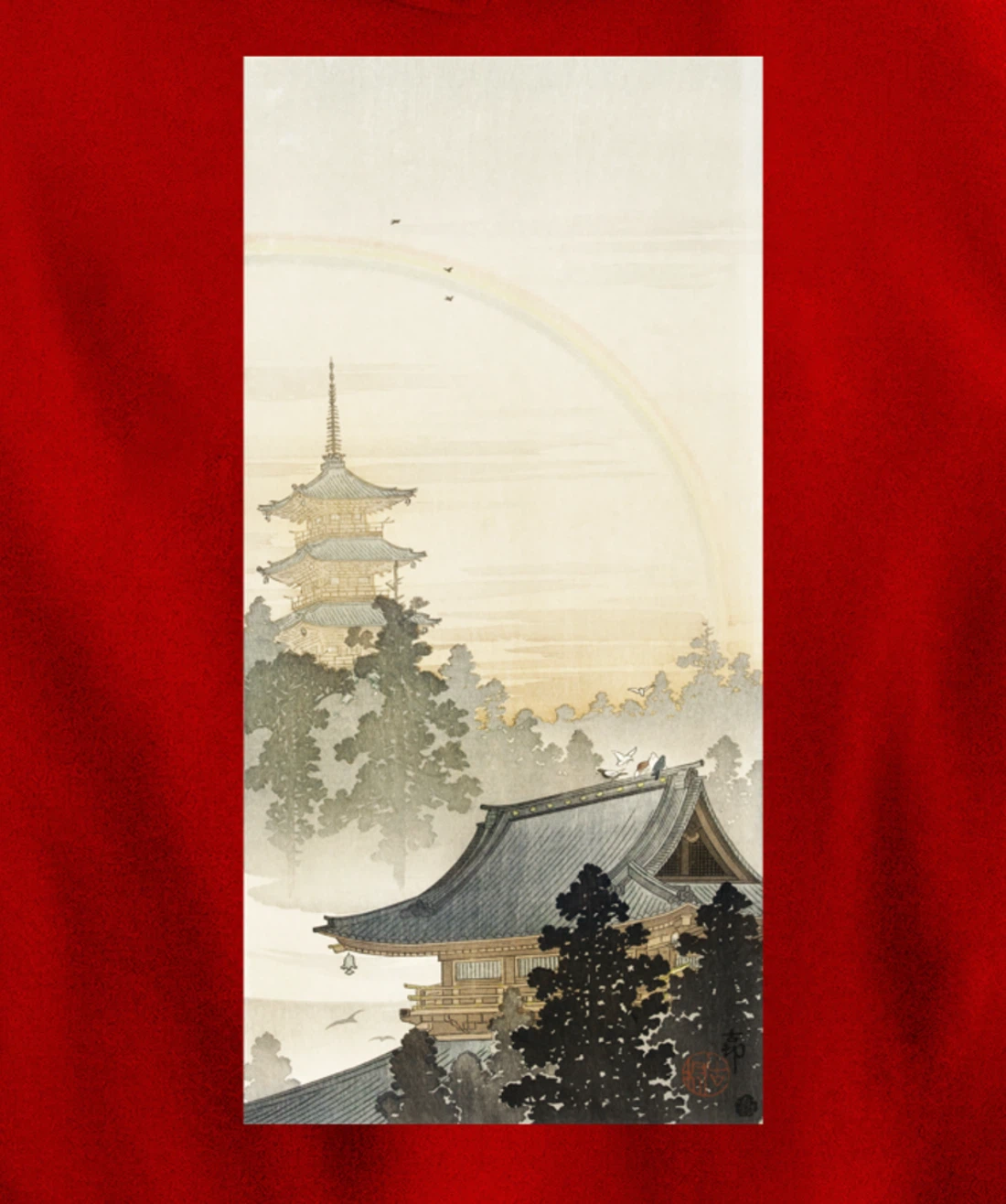 Vintage Pagoda & Rainbow by Ohara Koson Japanese Art Pullover Hoodie