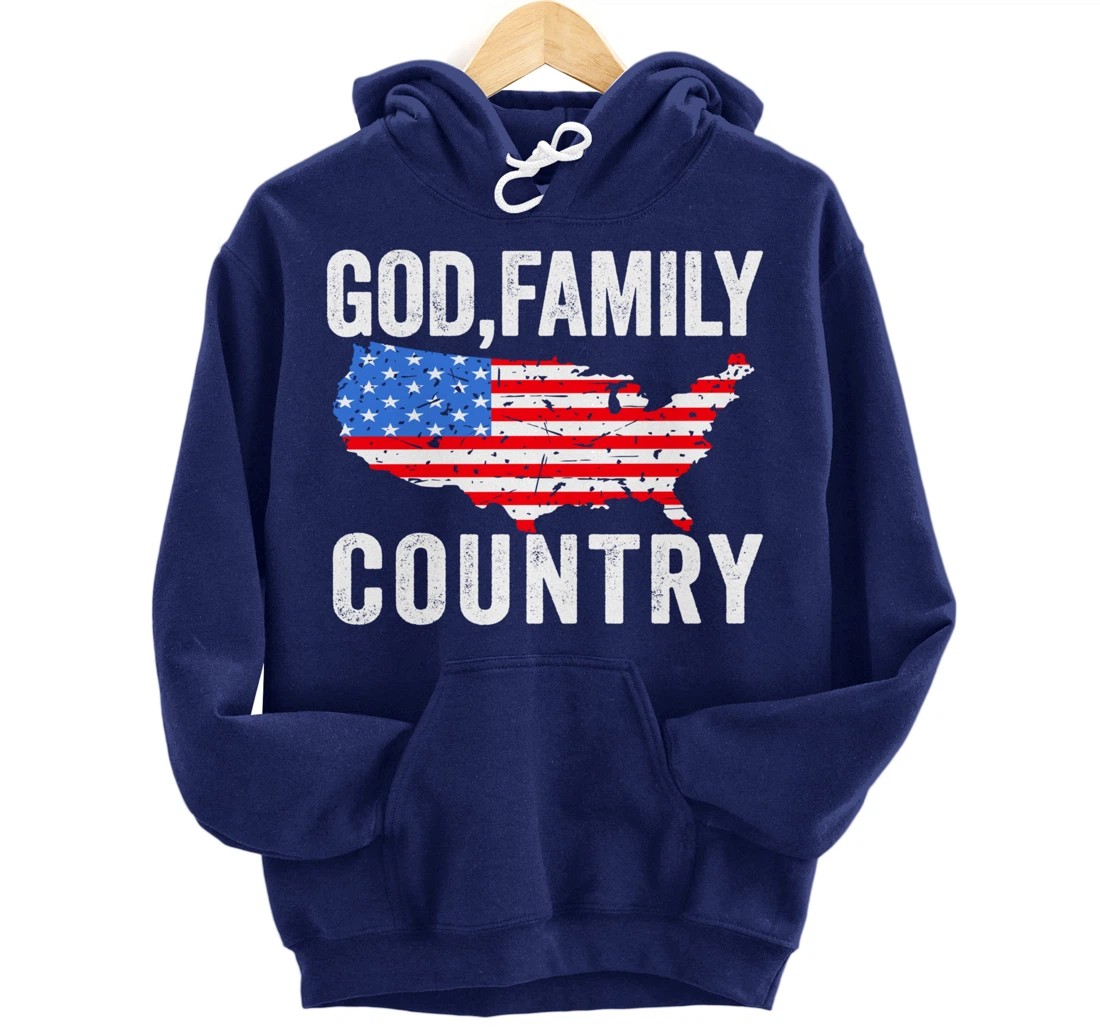 GOD FAMILY COUNTRY Christian Gift American Flag USA Map Pullover Hoodie