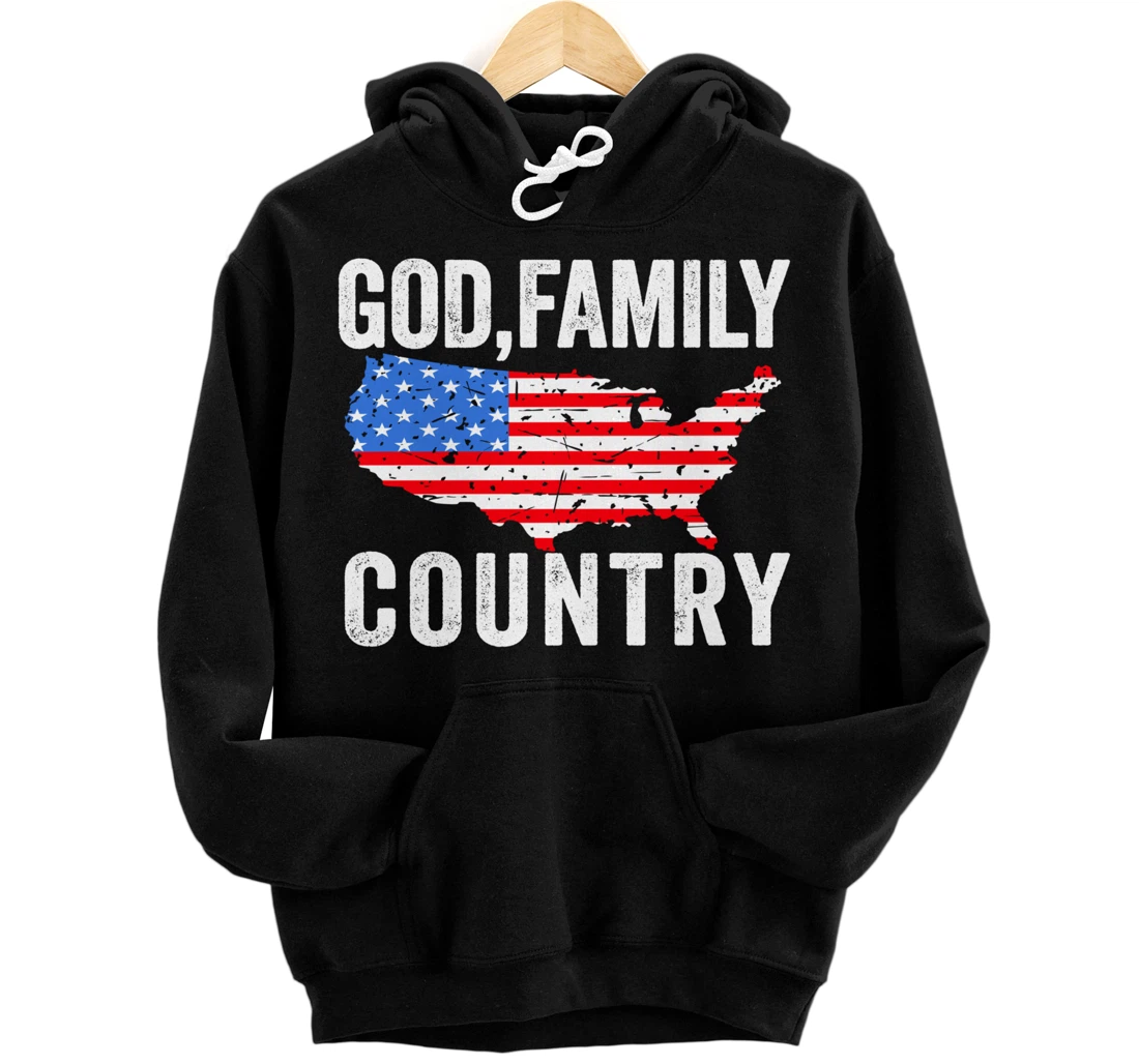 GOD FAMILY COUNTRY Christian Gift American Flag USA Map Pullover Hoodie