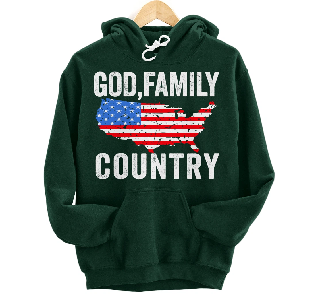 GOD FAMILY COUNTRY Christian Gift American Flag USA Map Pullover Hoodie