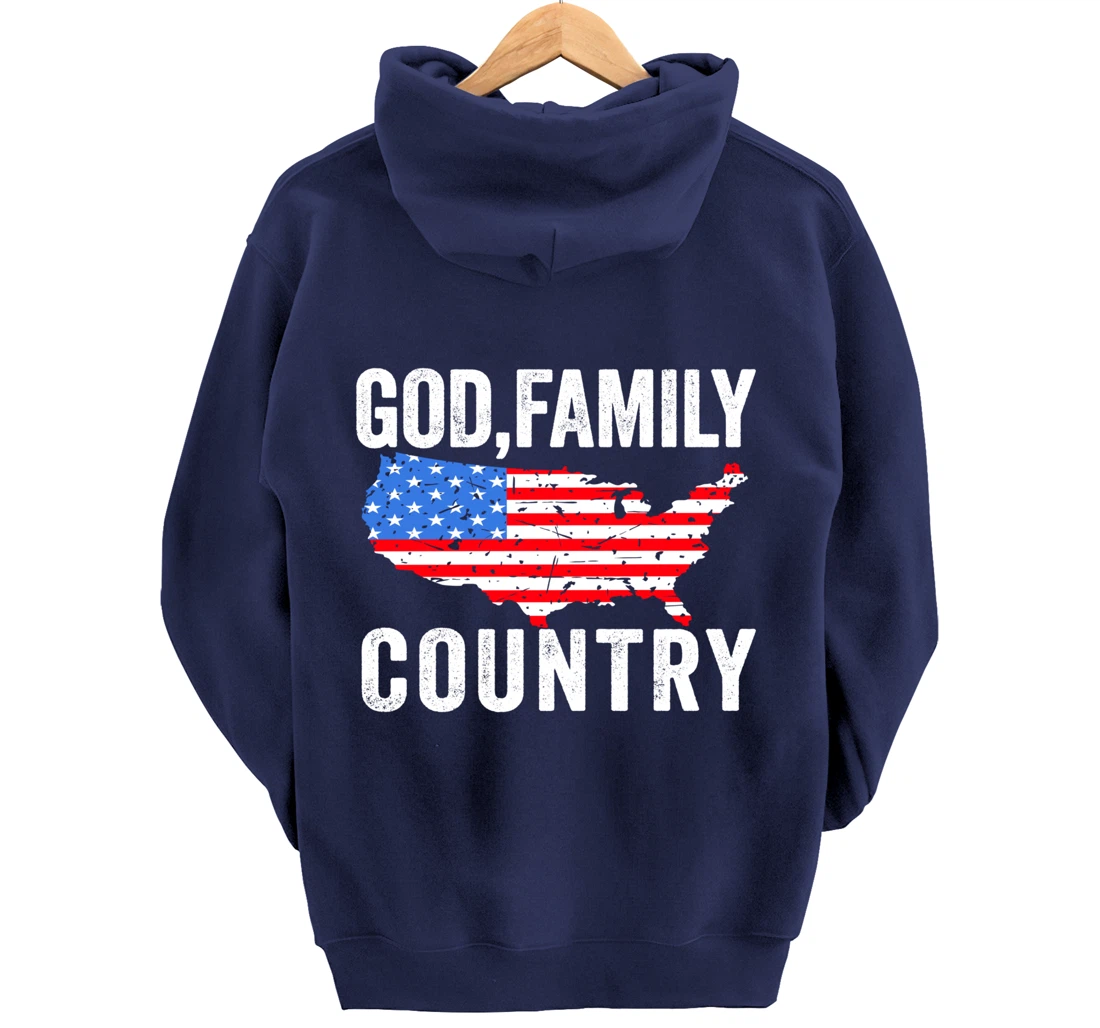 GOD FAMILY COUNTRY Christian Gift American Flag USA Map Pullover Hoodie