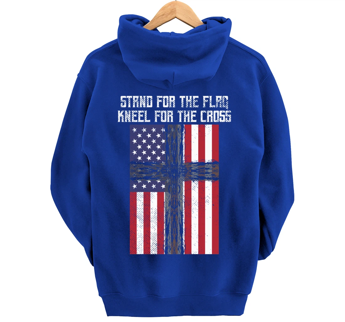 Stand Flag Kneel Cross God Jesus America US Christian Gift Pullover Hoodie