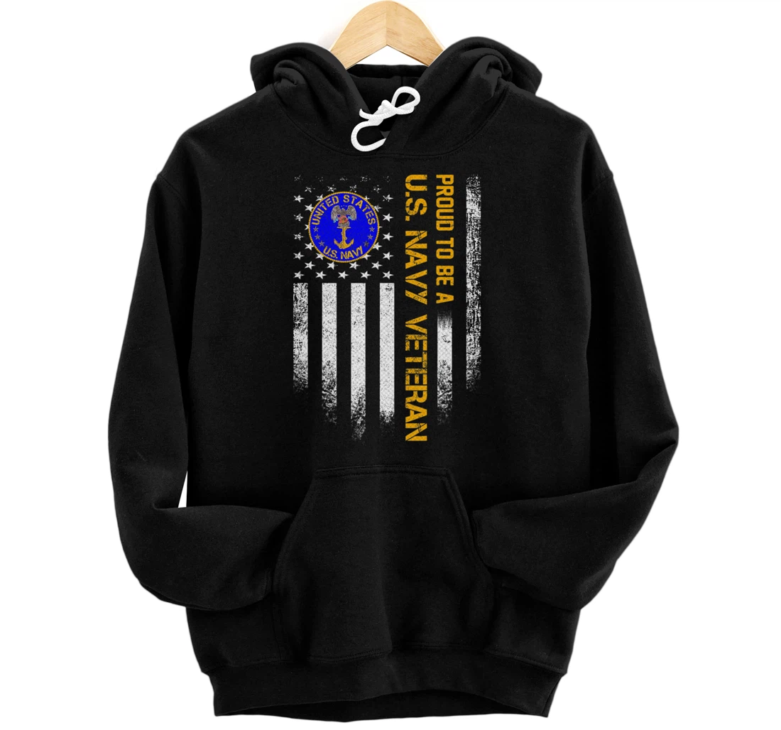 Vintage American Flag Proud To Be A US Navy Military Veteran Pullover Hoodie