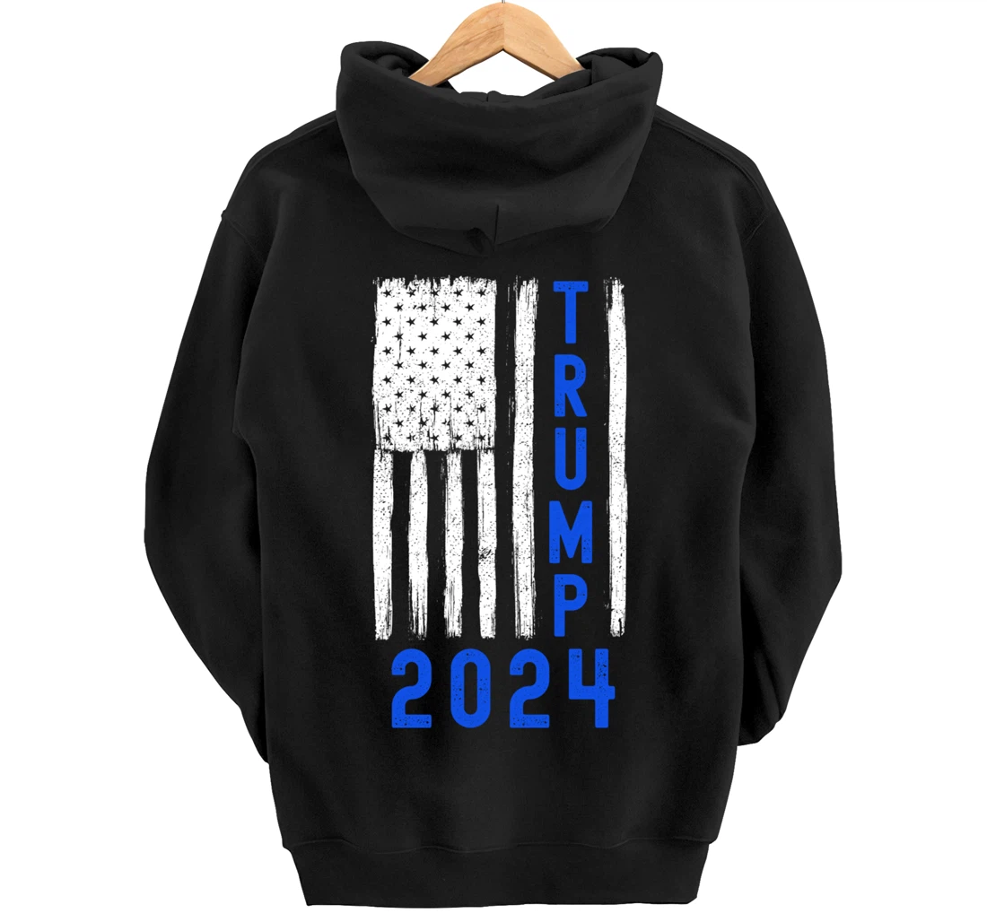 Trump 2024 American Flag Thin Blue Line Police Back The Blu Pullover Hoodie
