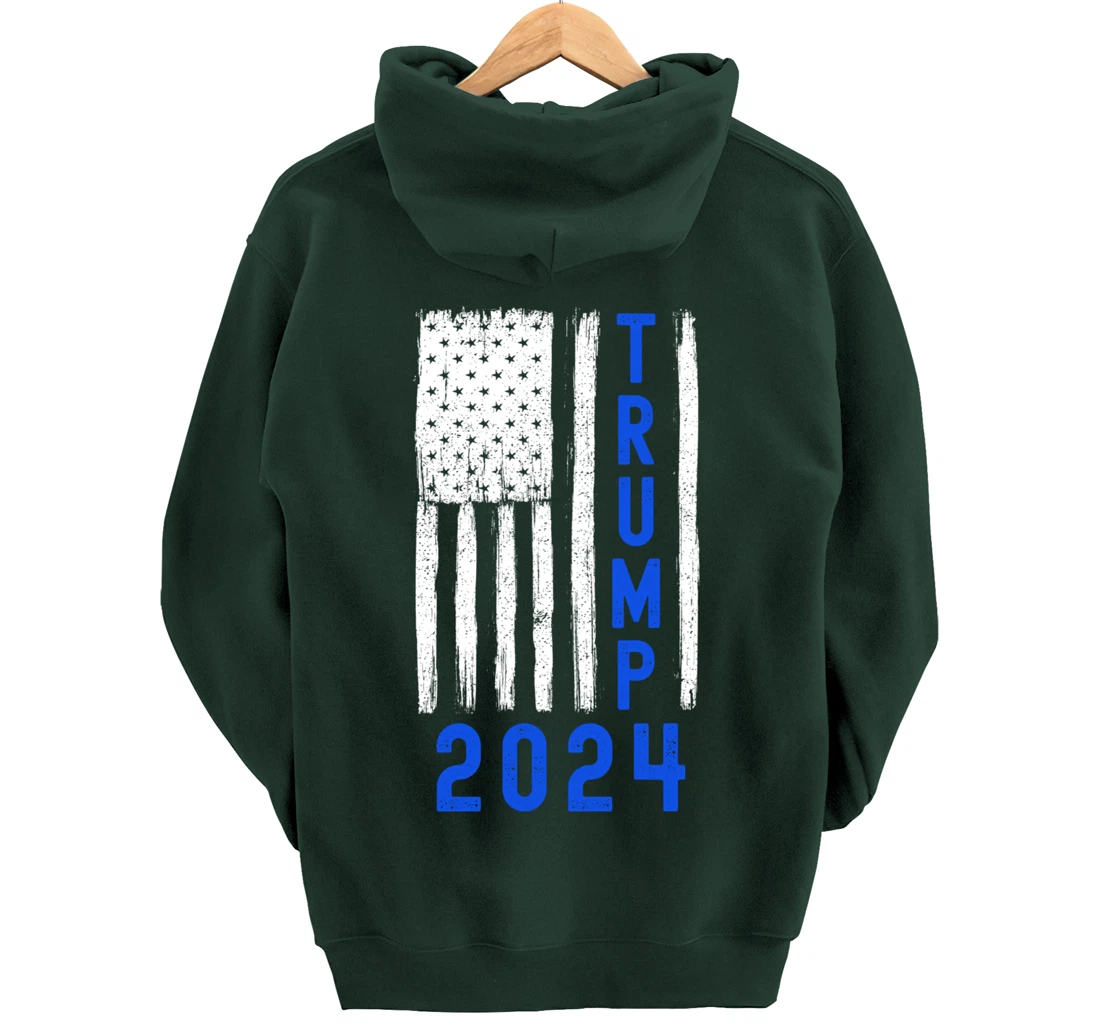 Trump 2024 American Flag Thin Blue Line Police Back The Blu Pullover Hoodie