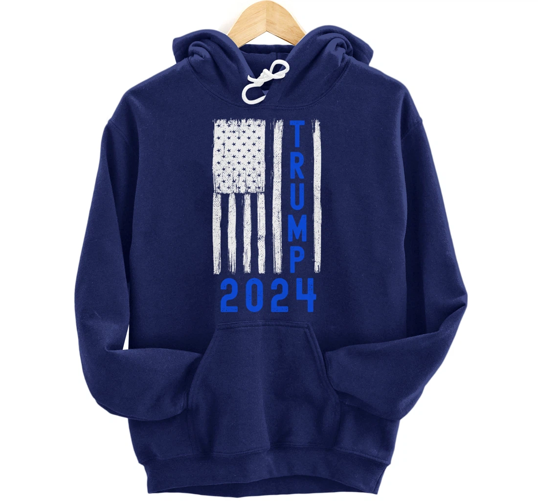 Trump 2024 American Flag Thin Blue Line Police Back The Blu Pullover Hoodie
