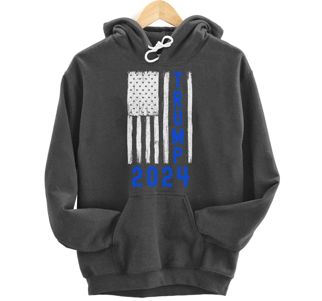 Trump 2024 American Flag Thin Blue Line Police Back The Blu Pullover Hoodie