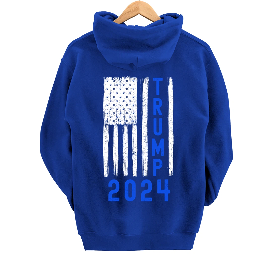 Trump 2024 American Flag Thin Blue Line Police Back The Blu Pullover Hoodie