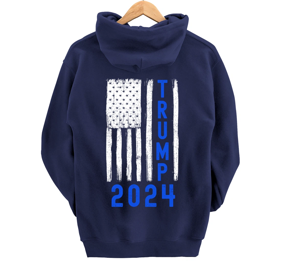 Trump 2024 American Flag Thin Blue Line Police Back The Blu Pullover Hoodie
