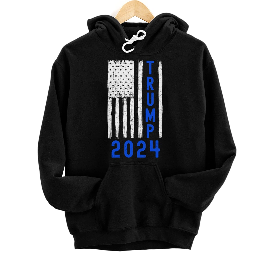 Trump 2024 American Flag Thin Blue Line Police Back The Blu Pullover Hoodie