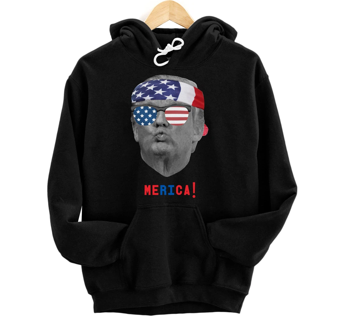 Funny Vintage Trump Pucker Face Merica USA Flag Sunglasses Pullover Hoodie