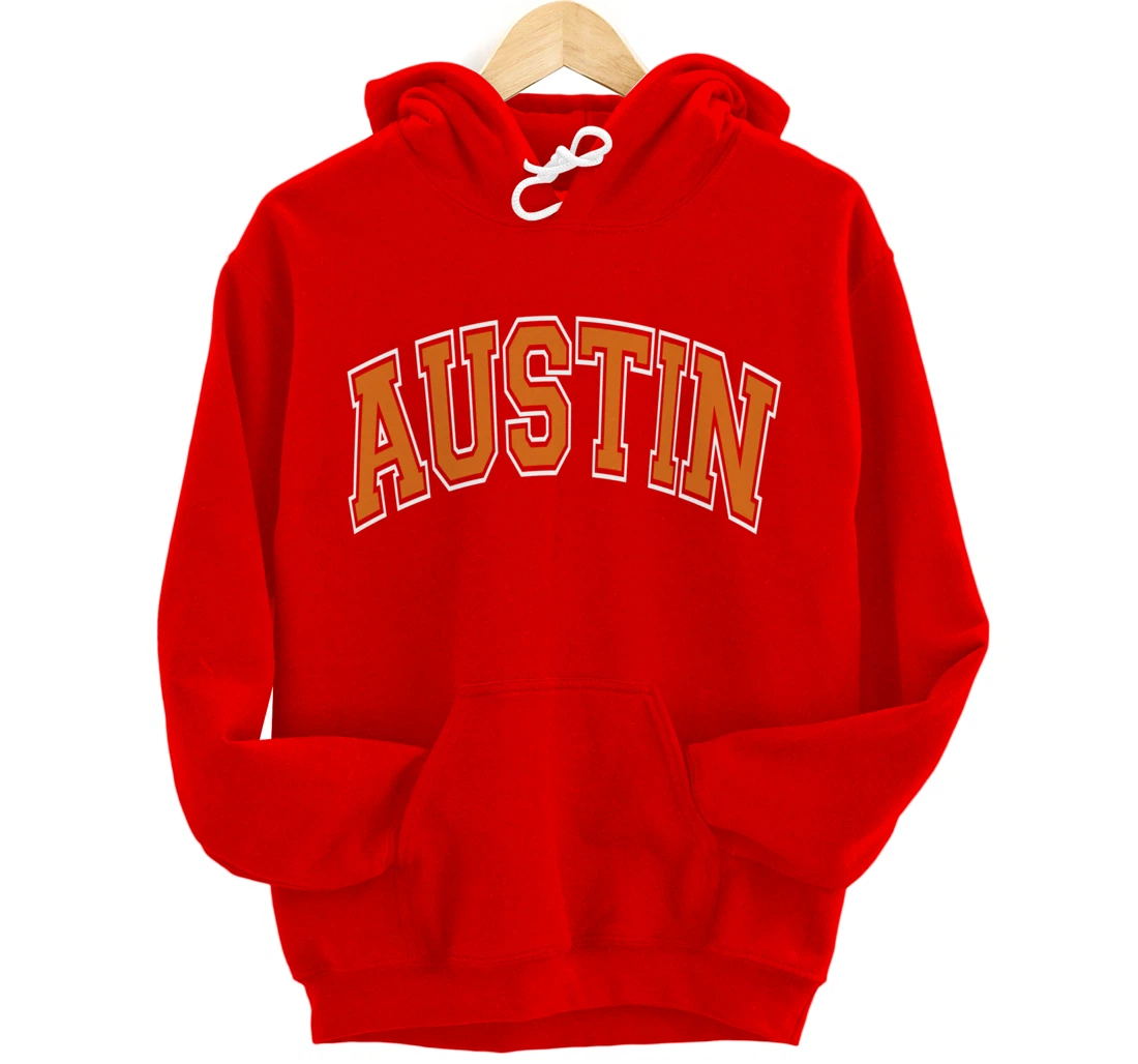 Austin Texas TX Varsity Style Orange Text Pullover Hoodie