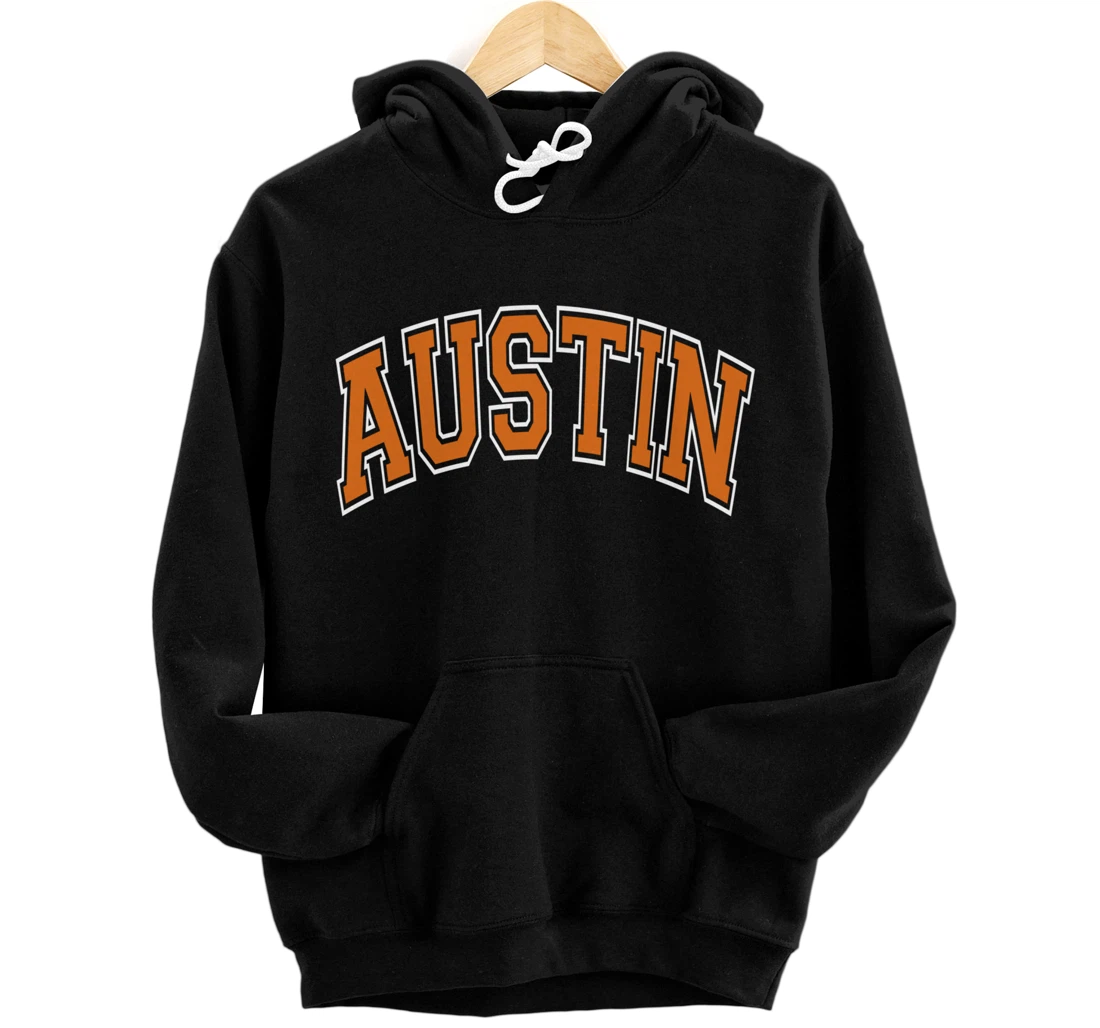 Austin Texas TX Varsity Style Orange Text Pullover Hoodie