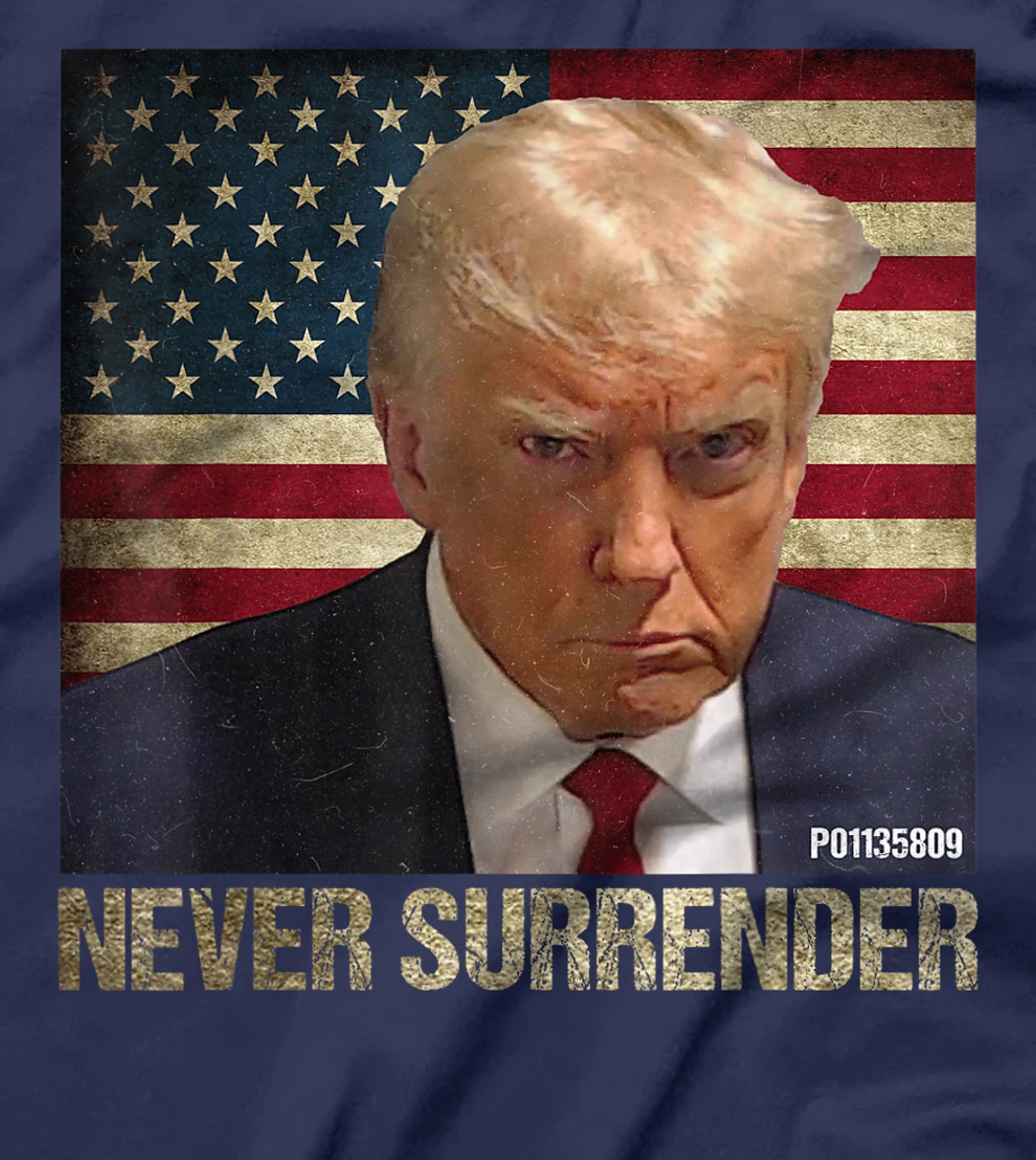 Trump Mug Shot P01135809 Vintage USA Flag Never Surrender T-Shirt