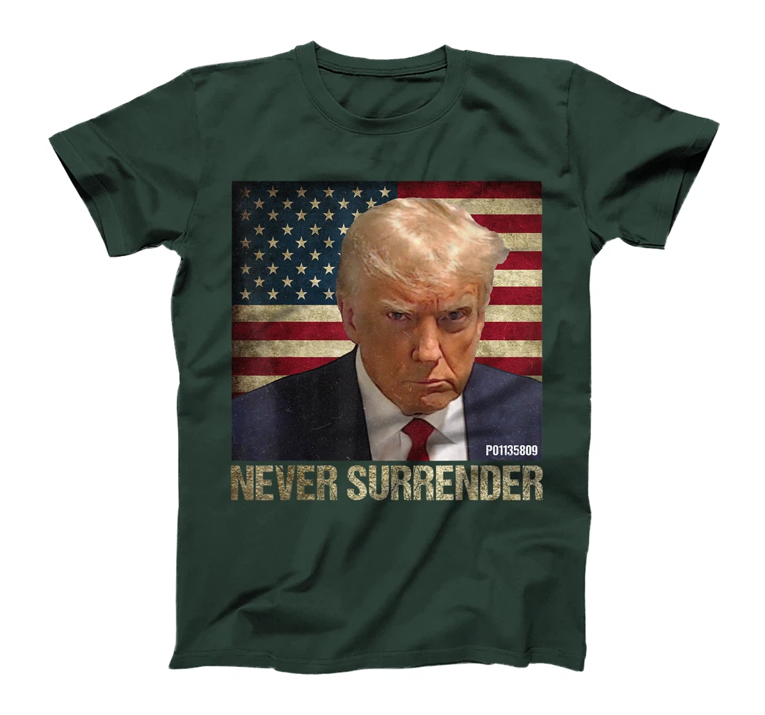 Trump Mug Shot P01135809 Vintage USA Flag Never Surrender T-Shirt