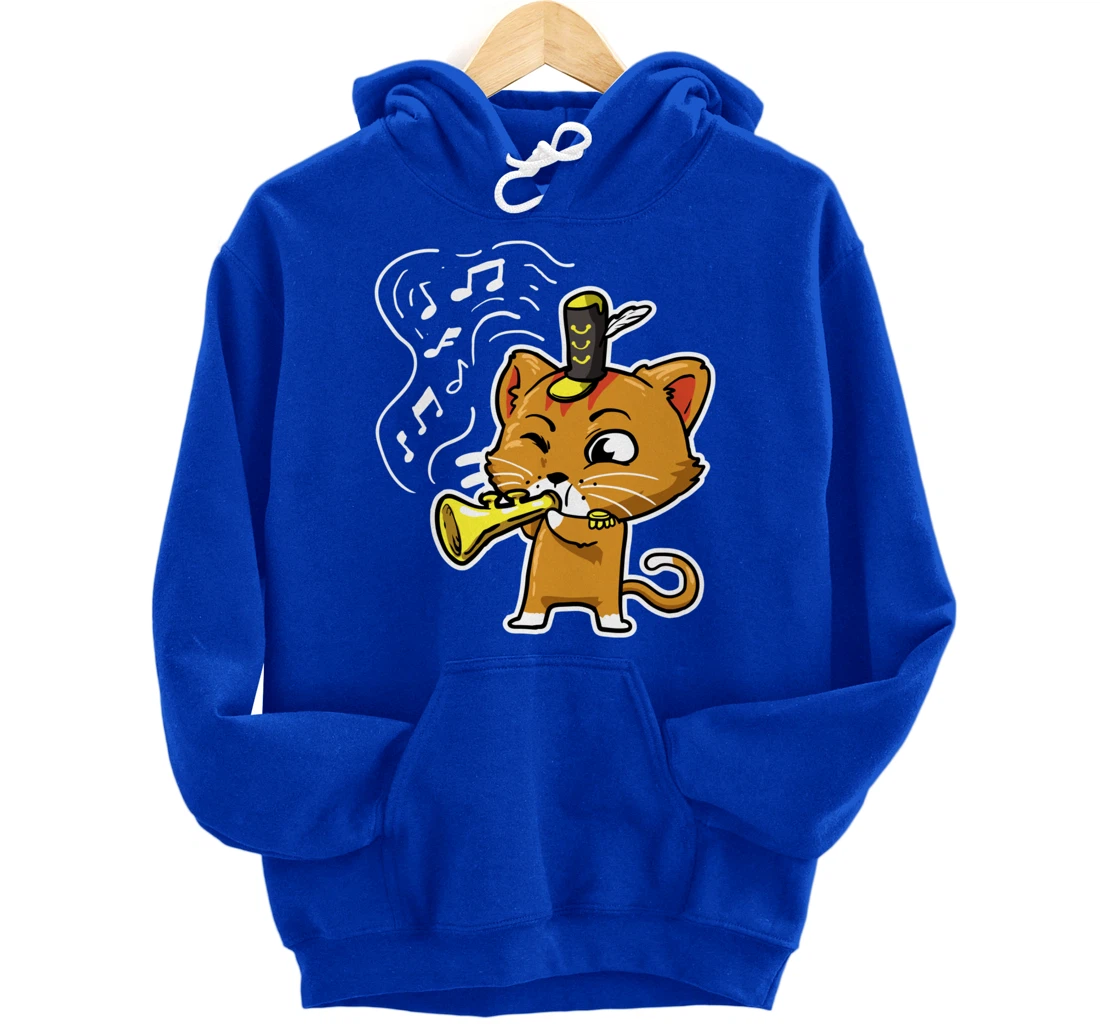 Cute Kawaii Cat Playing Trumpet Trumpeter Cat Lover Pullover Hoodie