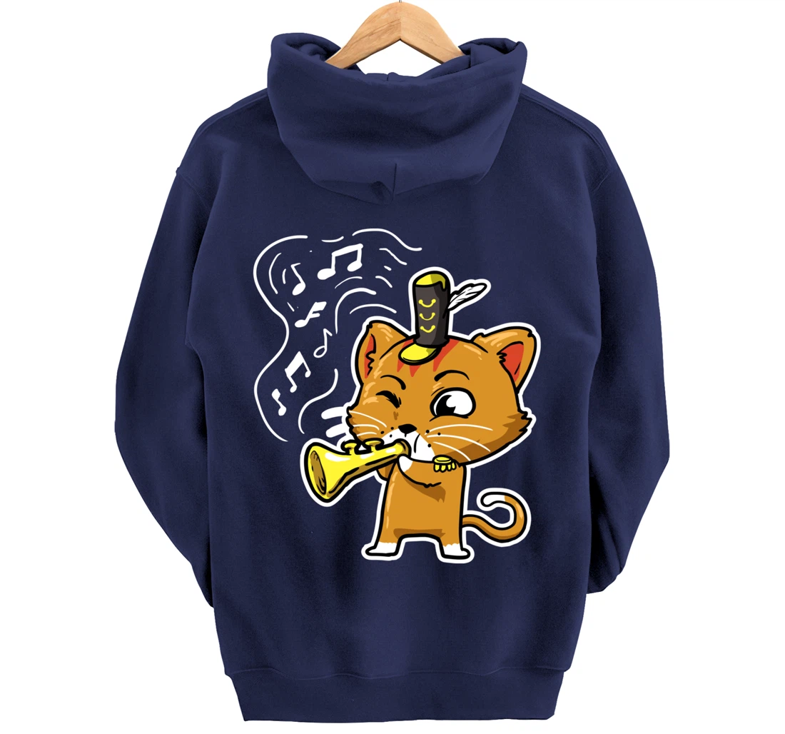 Cute Kawaii Cat Playing Trumpet Trumpeter Cat Lover Pullover Hoodie
